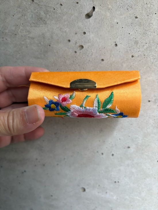 Vintage Other - Orange Satin Embroidery Lipstick Case Holder w/ Mirror